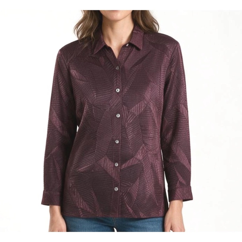 CHICO'S Button-Up WAVY PLEATS Deep Purple Satin Shiny BLOUSE/SHIRT Sz 1 US-8